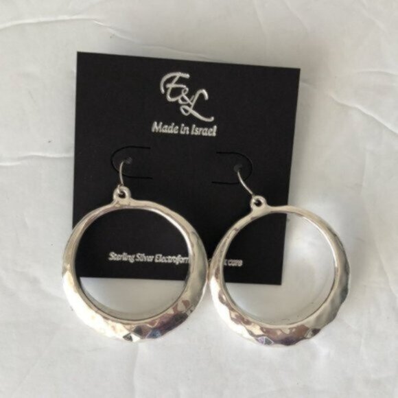 E&L Israel 925 Sterling Silver Circle Hammered Electroform Dangle Earrings - Picture 7 of 15